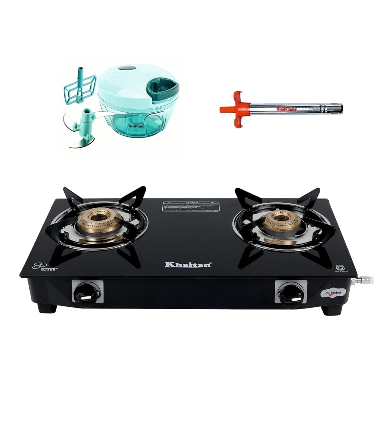 Gas Stove Combo - One 2 Burner Nano Gas Stove + 1 Hindflame Gas Ligher + 1 Hindflame Chopper 500 ml, Toughened Glass