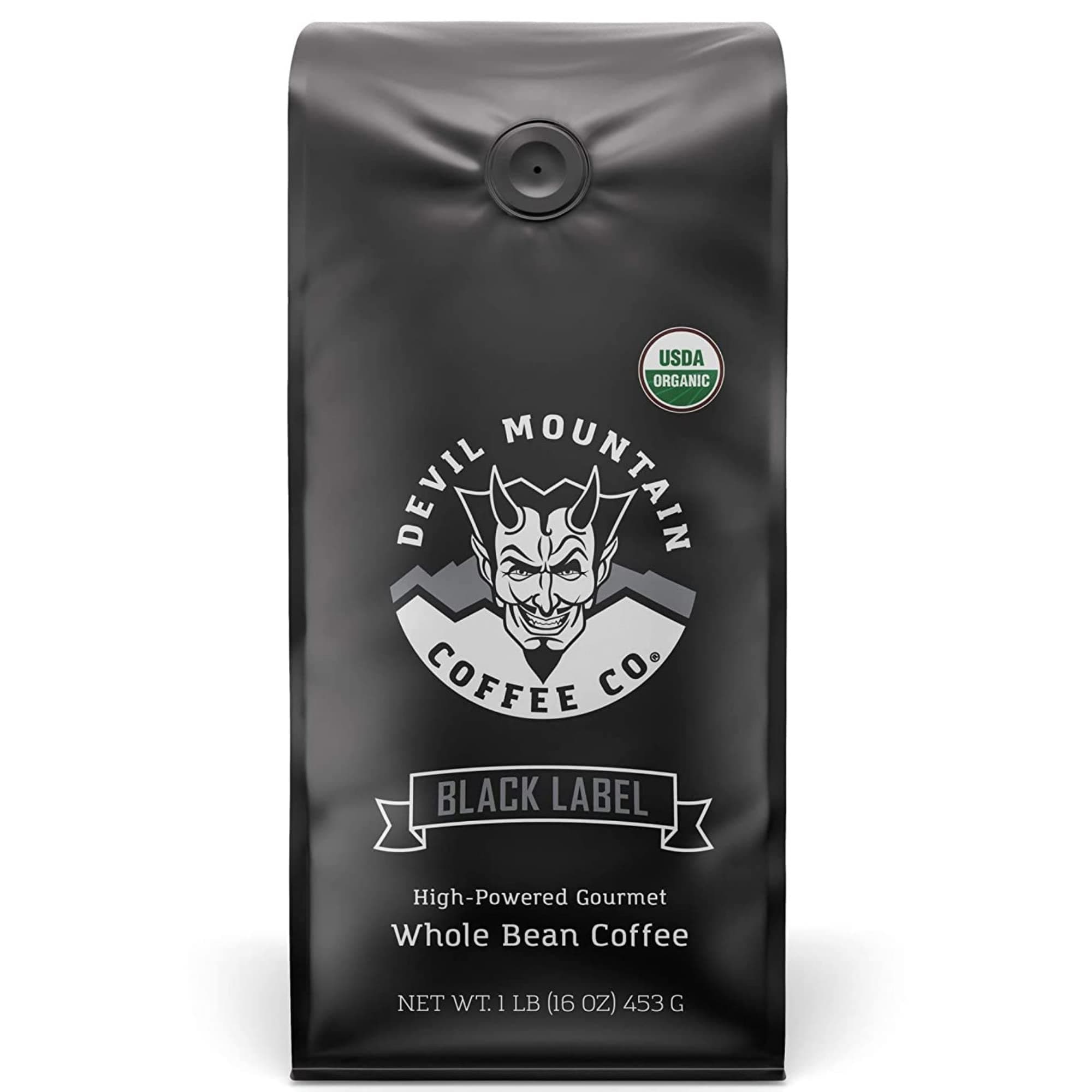 Devil Mountain Black Label Dark Roast Whole Bean Coffee, Strong High Caffeine, USDA Organic, Fair Trade, Gourmet Artisan Roasted, 16 oz Bag