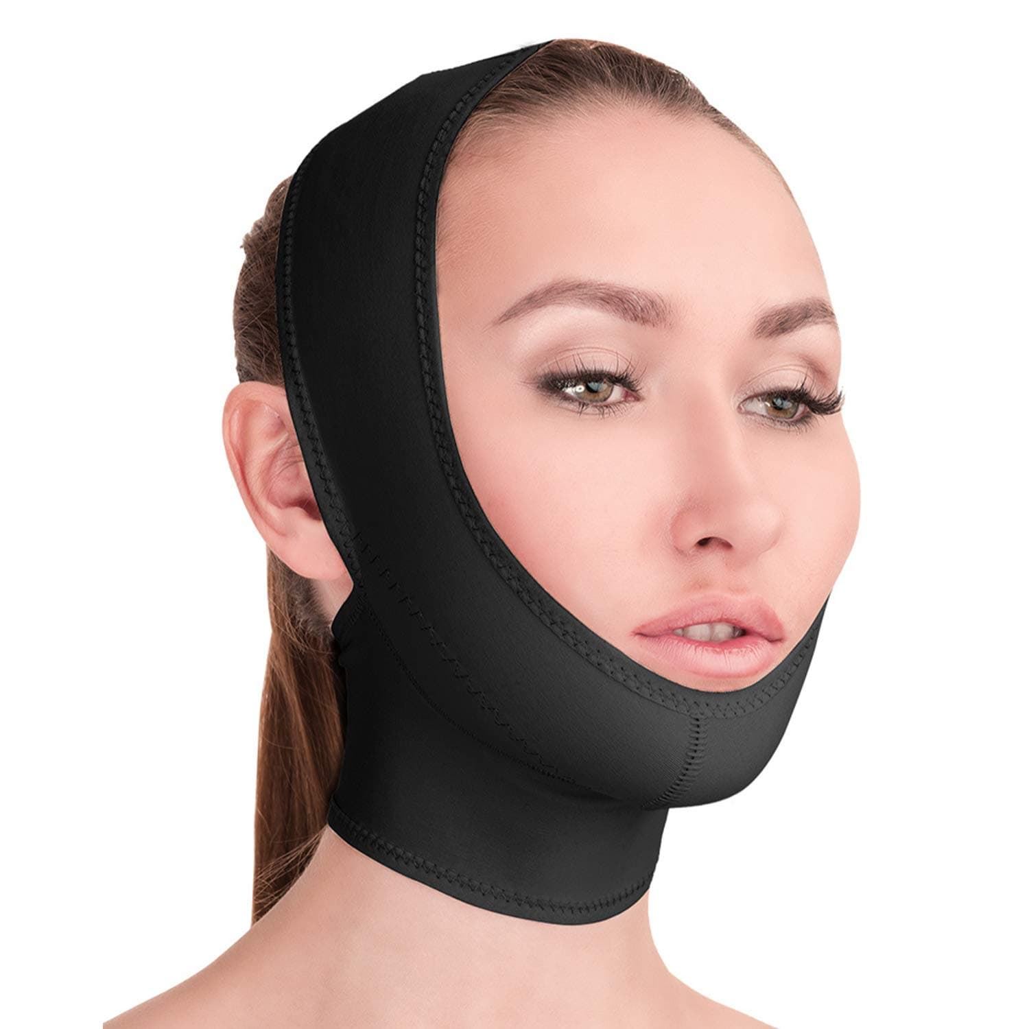 Post Surgical Chin Strap Bandage for Women - Neck and Chin Compression Garment Wrap - Face Slimmer, Jowl Tightening (Black, L)