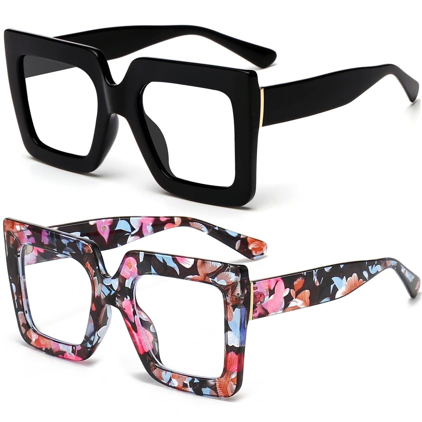 Oversized Blue Light Glasses for Women Fashion Thick Square Computer Eyewear Non-Prescription Black Glasses (Black+ Flower)