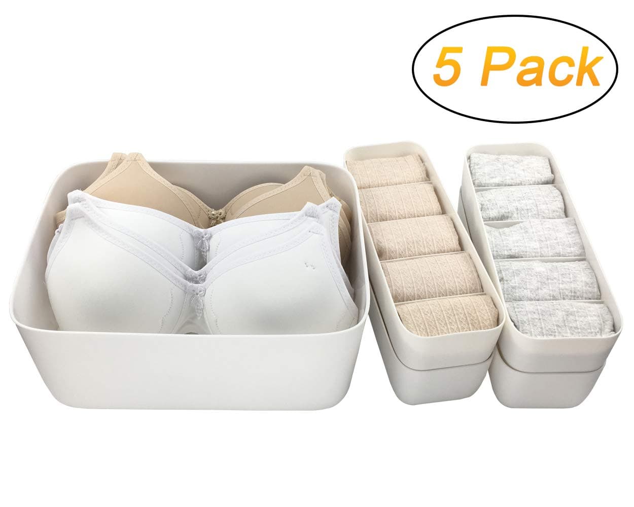 Plastic Closet Underwear Organizer, Clothes Storage Box, Drawer Dividers, Under Bed Organizer 5 Set White