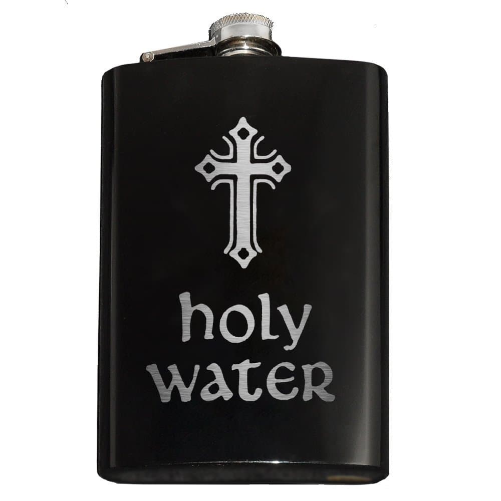 HOLY WATER Engraved 8oz Stainless Steel Hip Flask (Black)