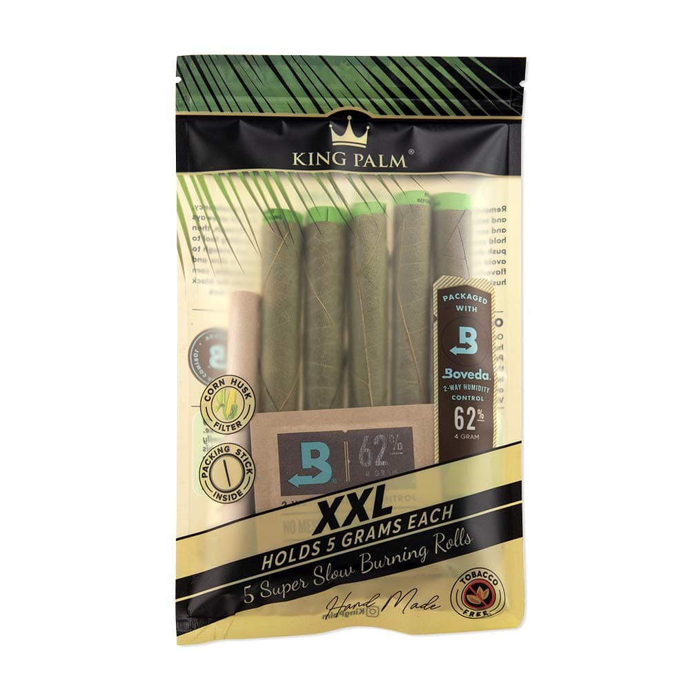 King Palm KING XXL Size Natural Pre Wrap Palm Leafs - 5 Pack, 5 Rolls Total - All Natural Cones - Corn Husk Filter - Preroll Cones