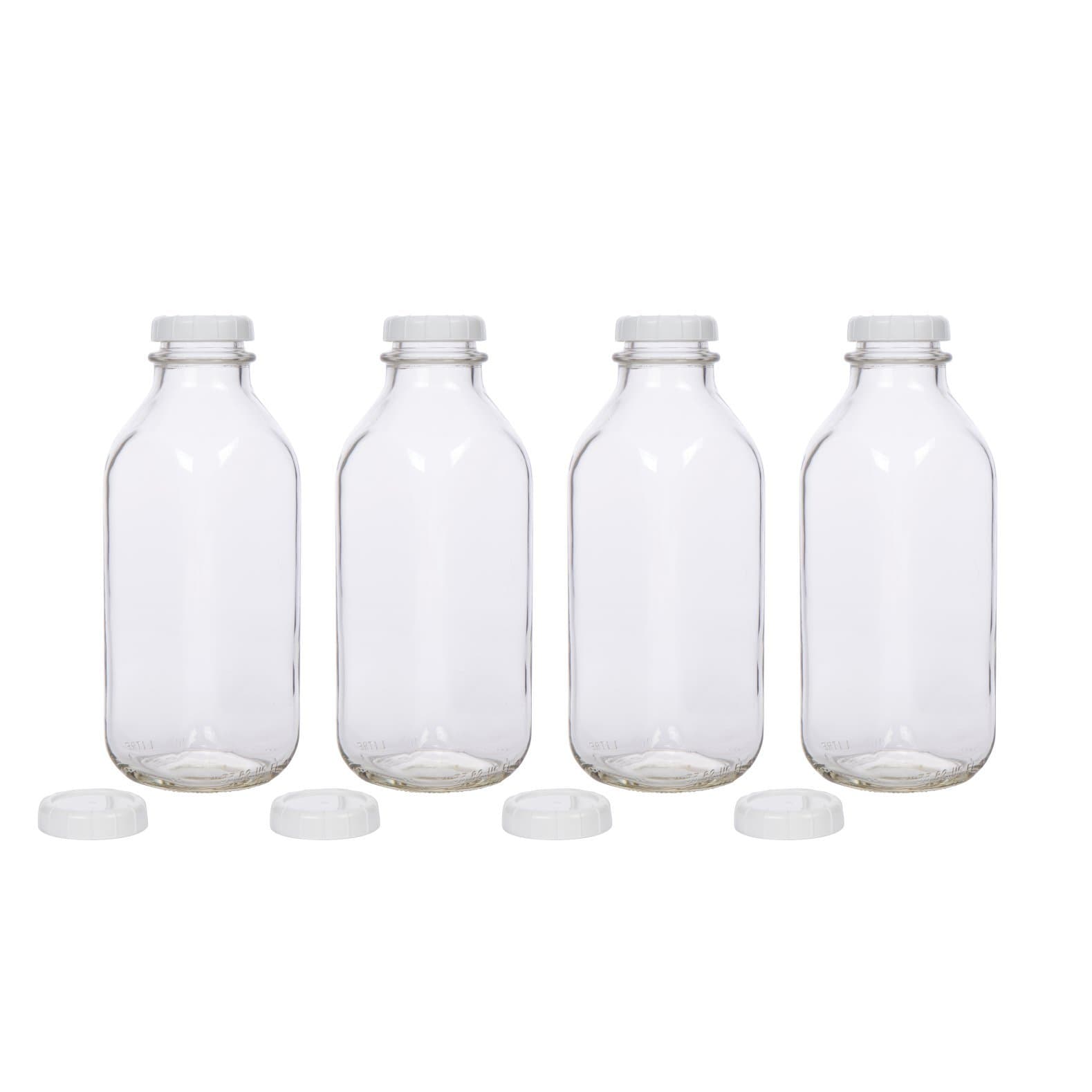 Glass Milk Bottles - USA Made 33.8 oz Jugs with Extra Lids - Set of 4