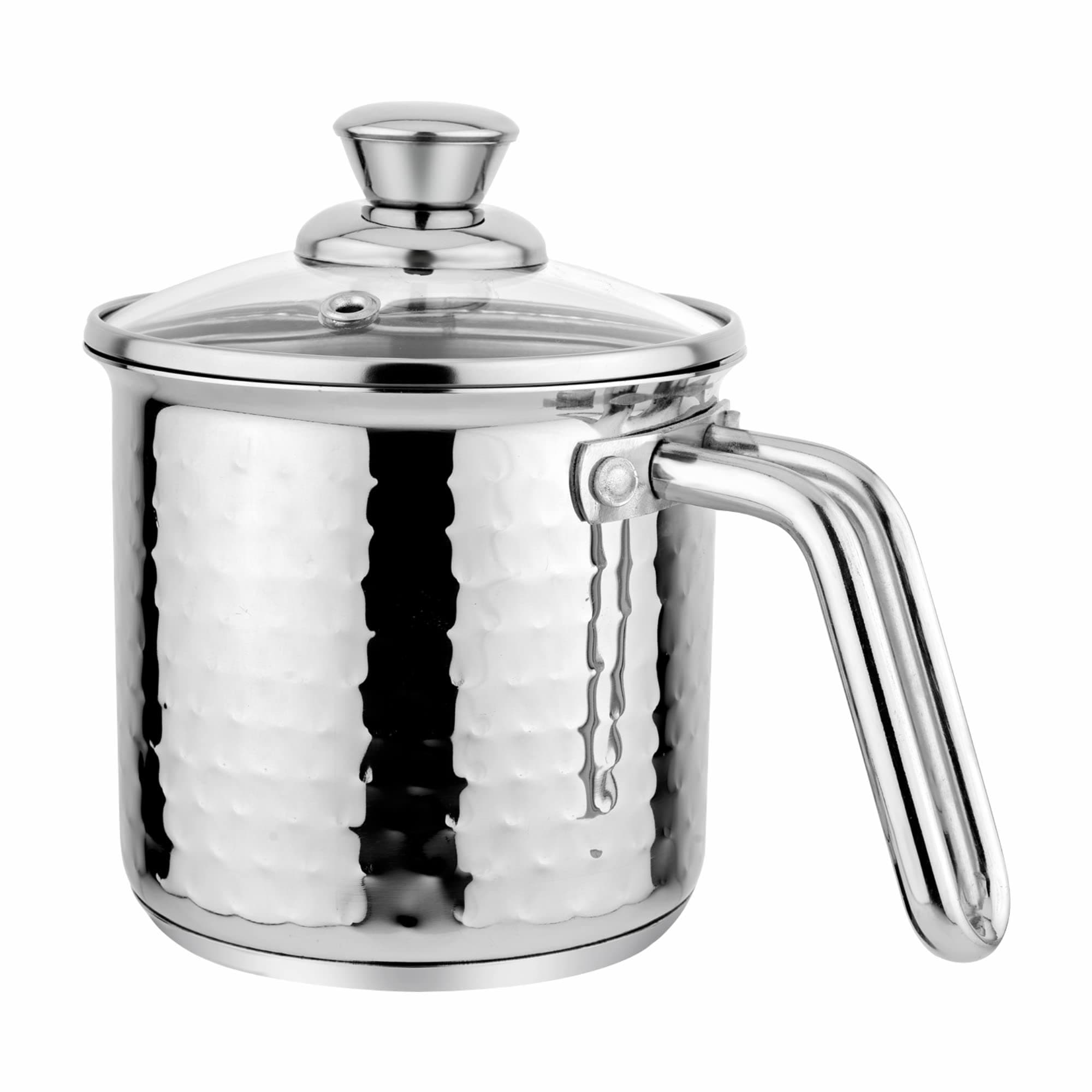 Prabha Stainless Steel Milk Pot With Handle 14cm 1.8 Litre | Hammered Milk Boiler Glass Lid Steam Vent | Tea Container Water Boiling | Coffee/Milk Warmer, Even & Faster Heating | Induction & Gas Stove