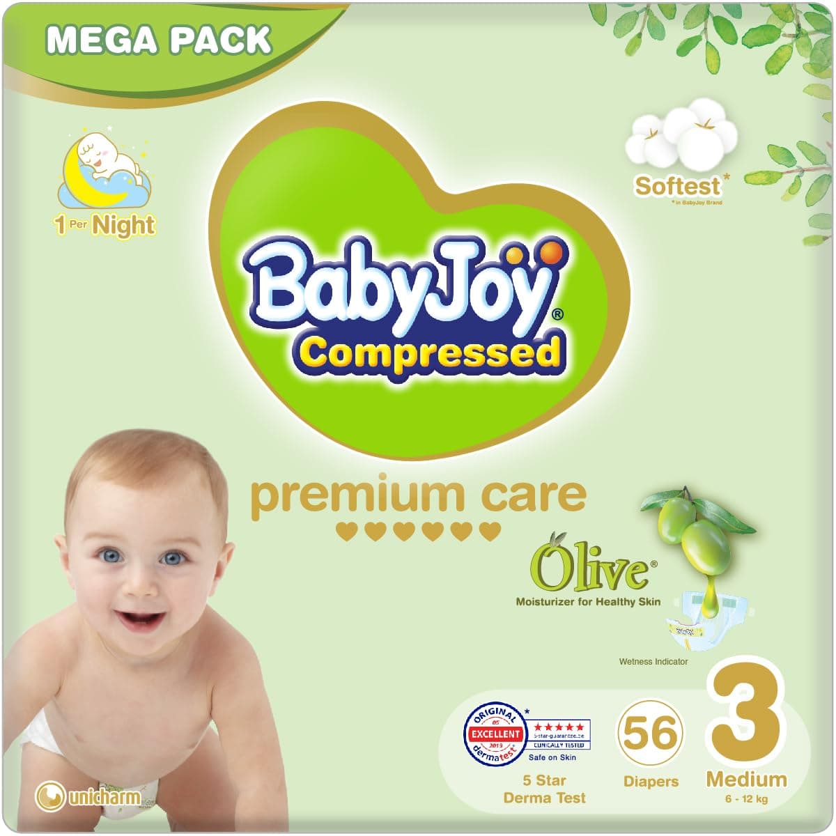 Olive, Size 3, Medium, 6-12 Kg, Mega Pack, 56 Diapers
