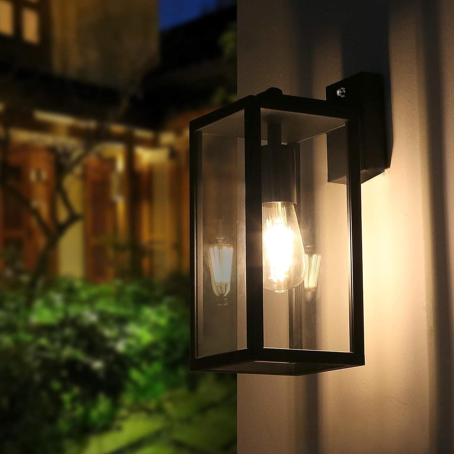 Outdoor Wall Light Dusk to Dawn - Aluminum Black Wall Lantern Porch Sconce with Ambient Sensor, Anti-Rust IP44 Lights Fixture with Clear Glass Shade, Matte Black