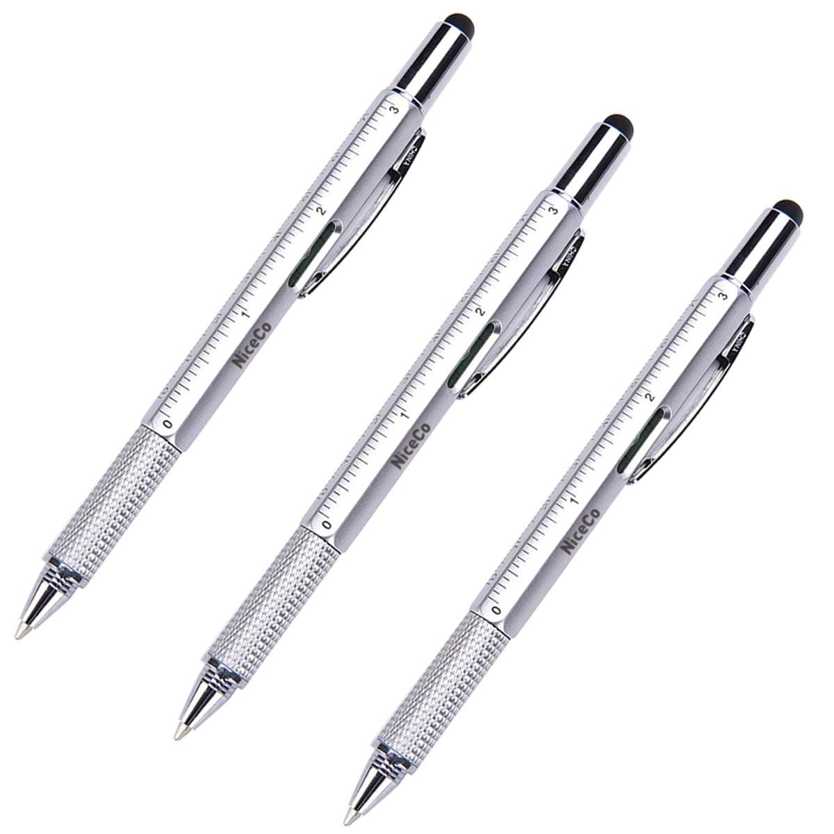 NiceCo 3-Pack 6-in-1 Touch Screen Stylus, Multifunction Tool Pen, 3" Ruler, Ballpoint Pen, Flathead/Phillips Screwdriver, Level Gauge, Combo DIY Tool Kit for iPad Tablet Smartphone (Silver)