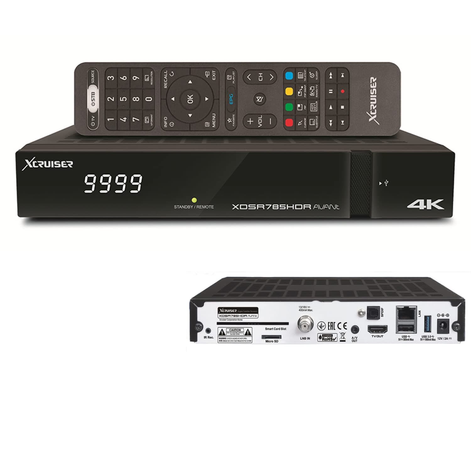 XDSR785HDR Android 4K Satellite Receiver - Black - 16GB - 1x HDMI - Receiver Box, Remote Controller, Power Adaptor, HDMI Cable