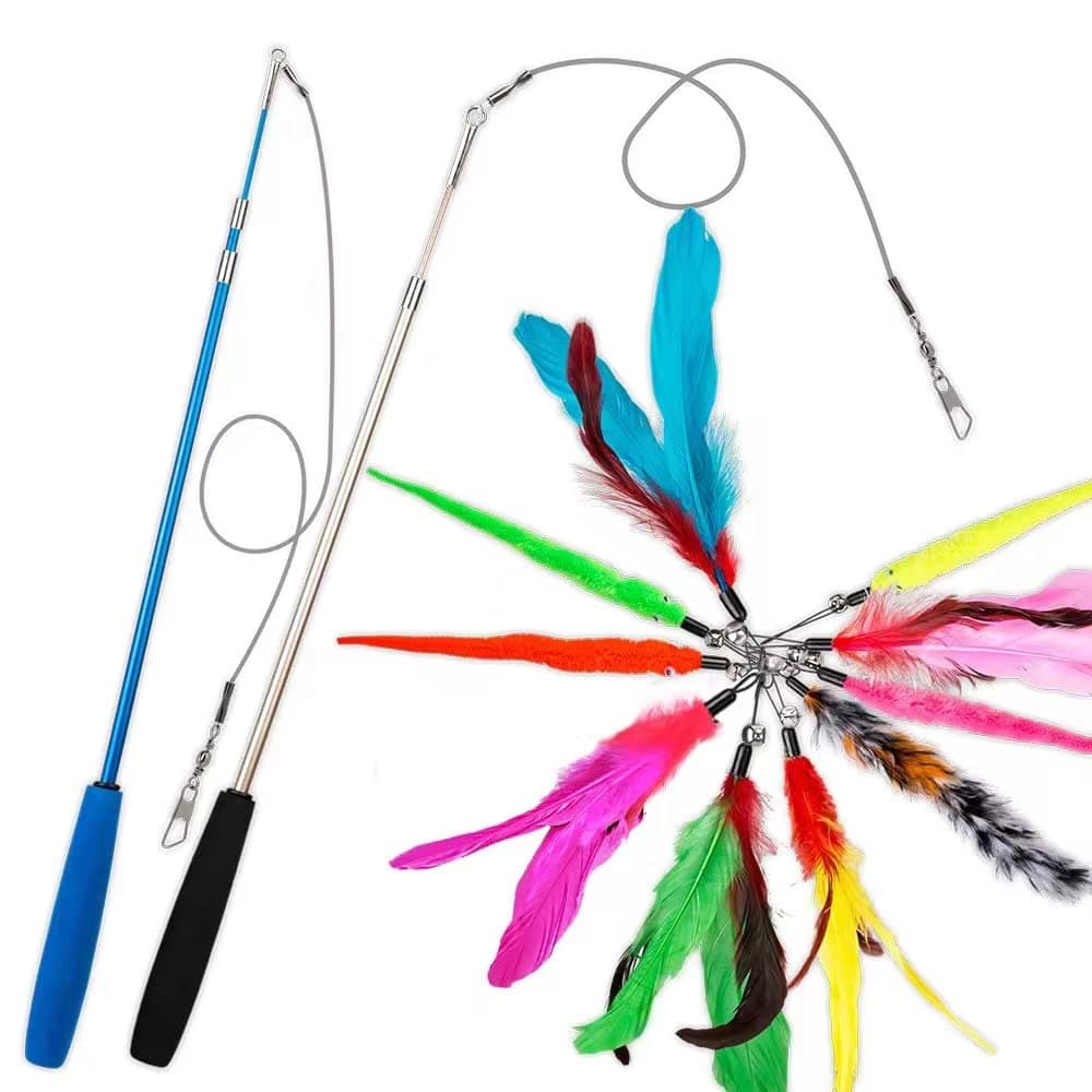 Feather Teaser Cat Toy, 2PCS Retractable Wand & 10PCS Replacement Feathers, Interactive Cat Catcher & Exercise for Kittens/Cats