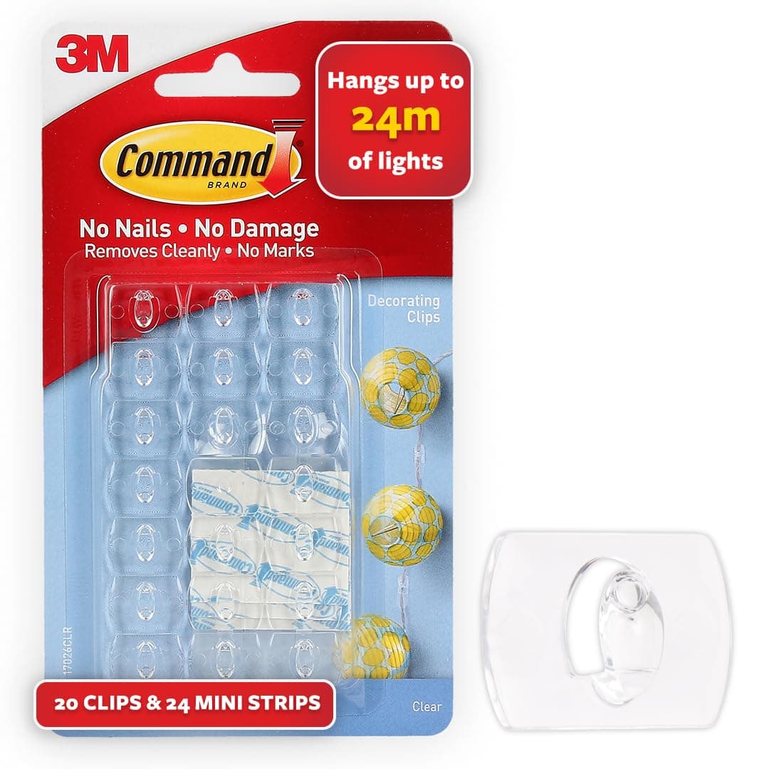 - Decorating & organizing Pack of 20 clips/hooks and 24 mini strips, Damage Free walls, Clear,Plastic