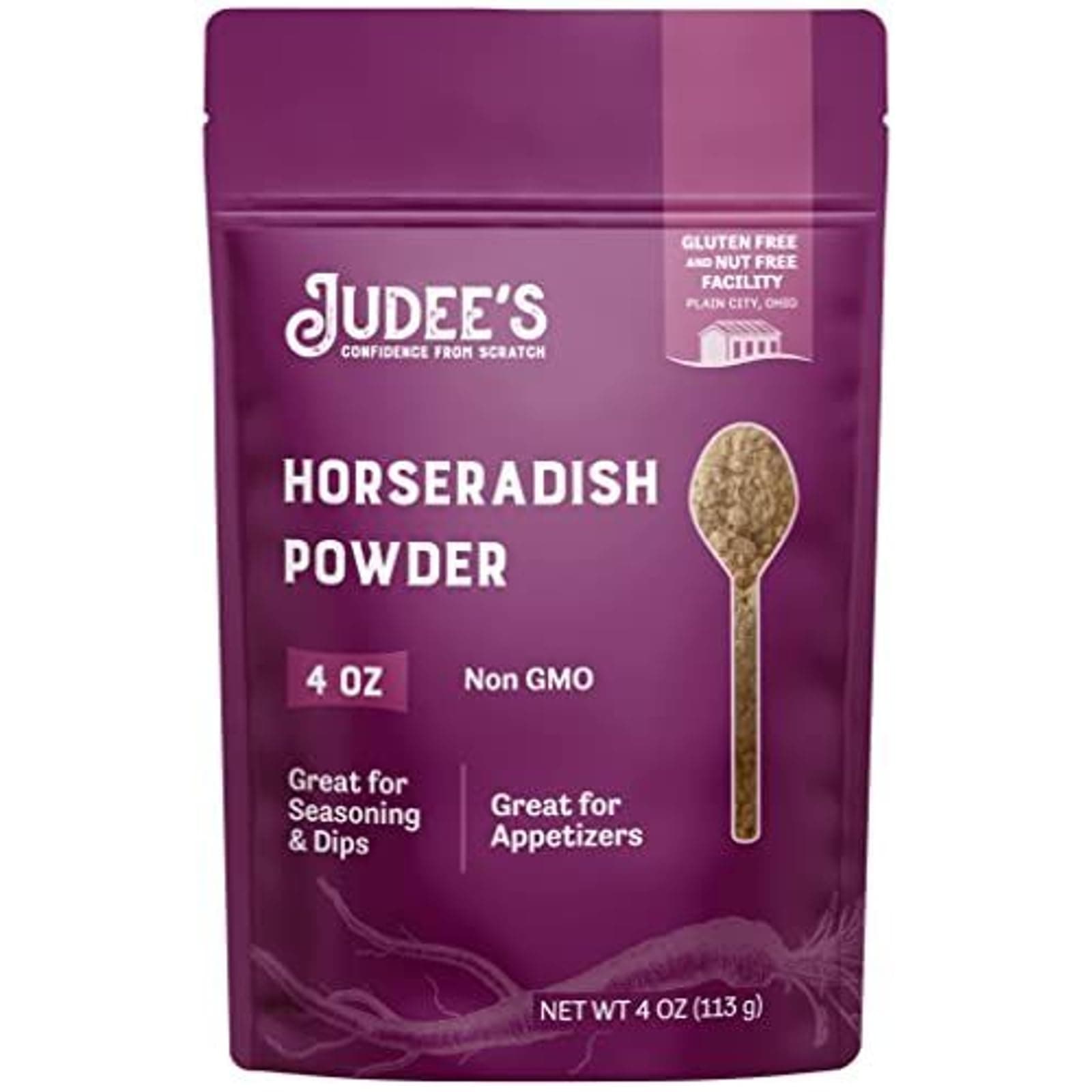Judee’s Horseradish Powder 4 oz - Just One Ingredient - Powdered Horseradish Root - Great for Dips, Sauces, Appetizers and More - Non-GMO, Gluten-Free, and Nut-Free