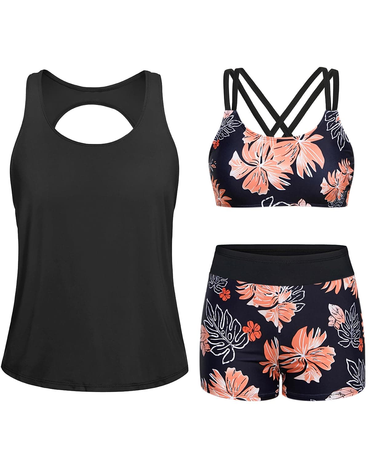 Yonique3 Piece Tankini Swimsuits for Women Bathing Suits with Boy Shorts and Swim Tank Top Bra Modest Swimwear