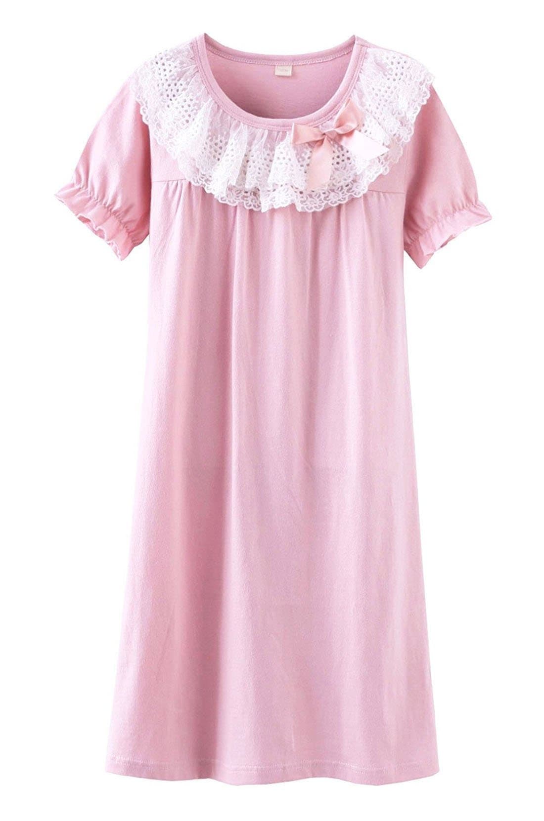 Girls Princess Lace Bowknot Nightgown Summer Cotton Sleepwear Dress Long Shirt(3y-13y)