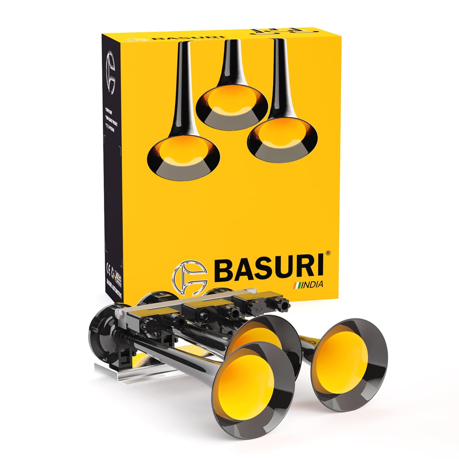 BASURI® Musical Air Horn | 12 & 24 Volt | 130 DB | Version ( PART#BHA005 Not For CAR/LMV) 16 Super Loud Melodies (Sounds) 6 Pipe (Trumpets) For Bus, Truck and Heavy Duty Vehicles