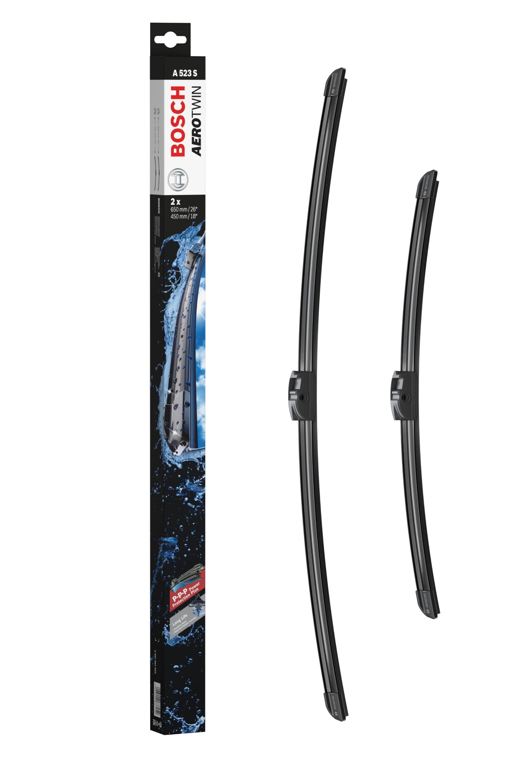 Bosch Wiper Blade Aerotwin A523S, Length: 650mm/450mm – Set of Front Wiper Blades - Only for Left-Hand Drive (EU)
