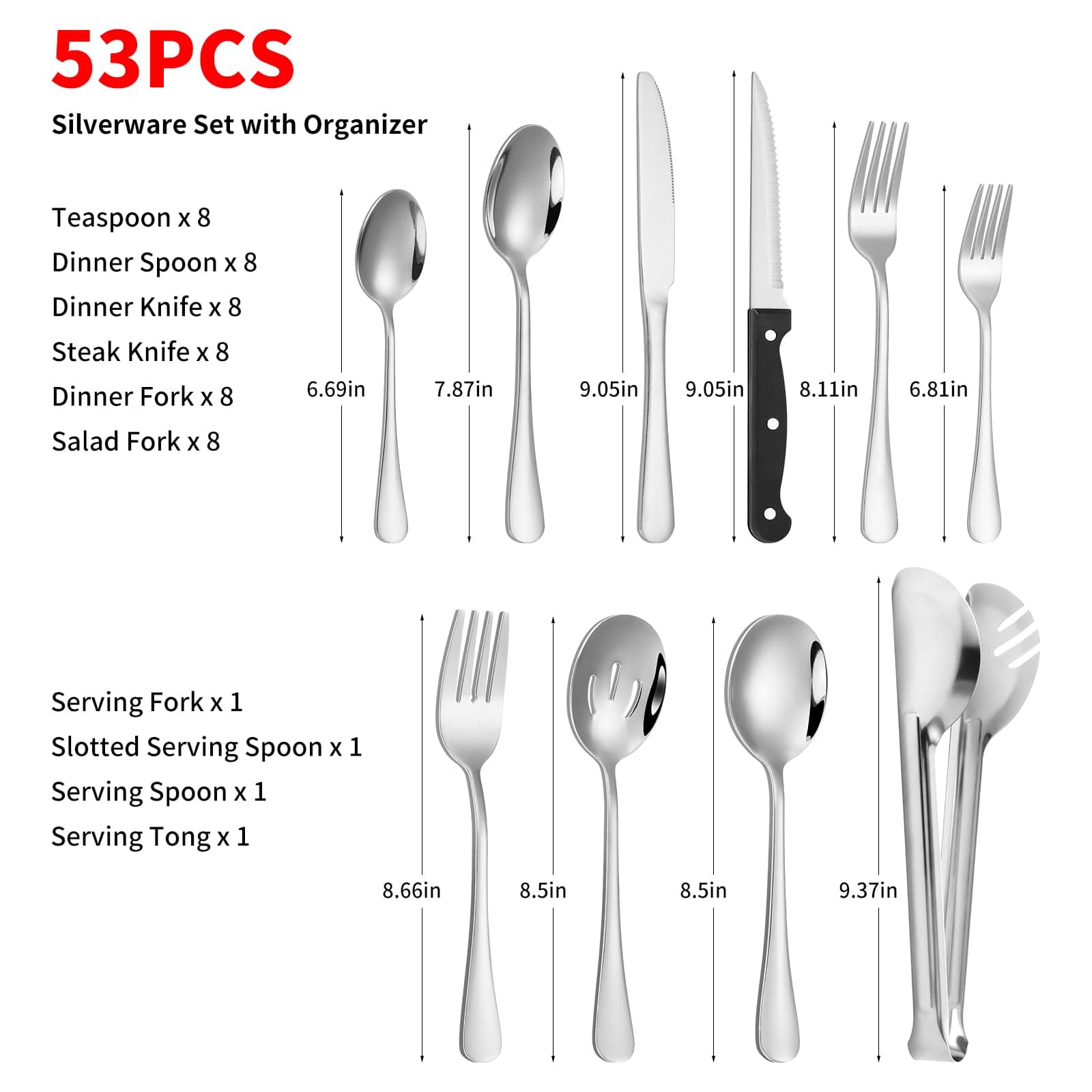53PCS Silverware Set for 8 with Flatware Drawer Organizer, Stainless Steel Cutlery Set with Steak Knives, Include Spoons and Forks Set & Serving Utensils, Mirror Polished, Silver