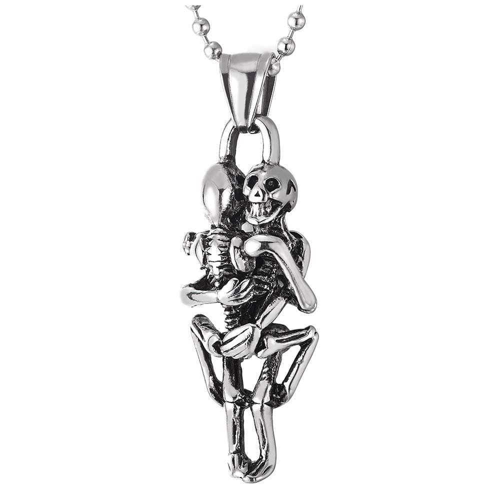 COOLSTEELANDBEYONDMens Womens Stainless Steel Vintage Hugging Skull Skeleton Pendant Necklace, 23.6 inches Ball Chain