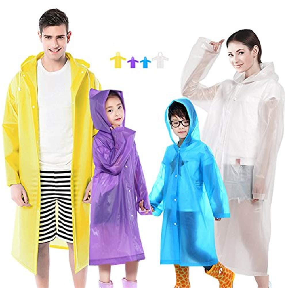 EUOW Rain Ponchos EVA Reusable Raincoats for Family Travel,Camping,Hiking,Fishing for Emergency Rain Coat for Adults & Kids(4 Pack)