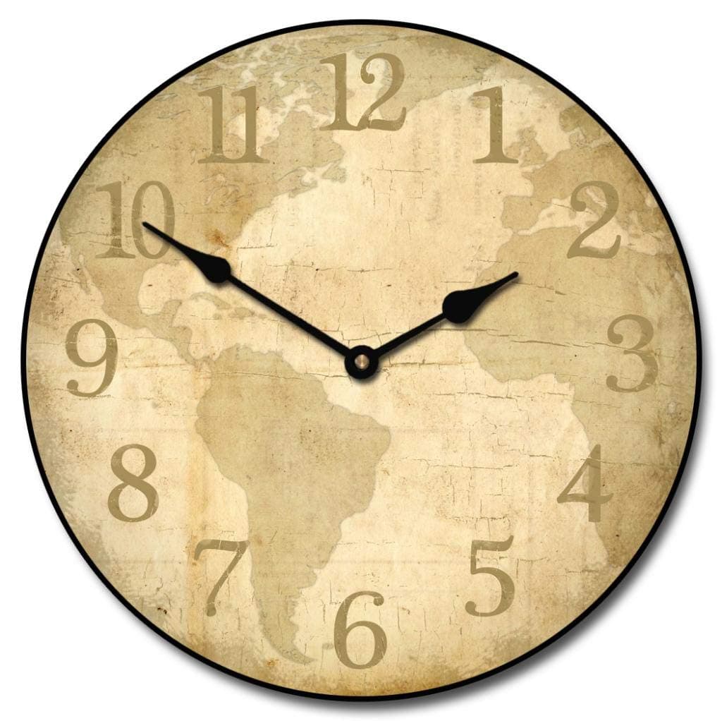 Parchment World Map Wall Clock | Ultra Quiet Quartz Mechanism | Hand Made in USA Beautiful Crisp Lasting Color | Comes in 8 Sizes | 15-Inch