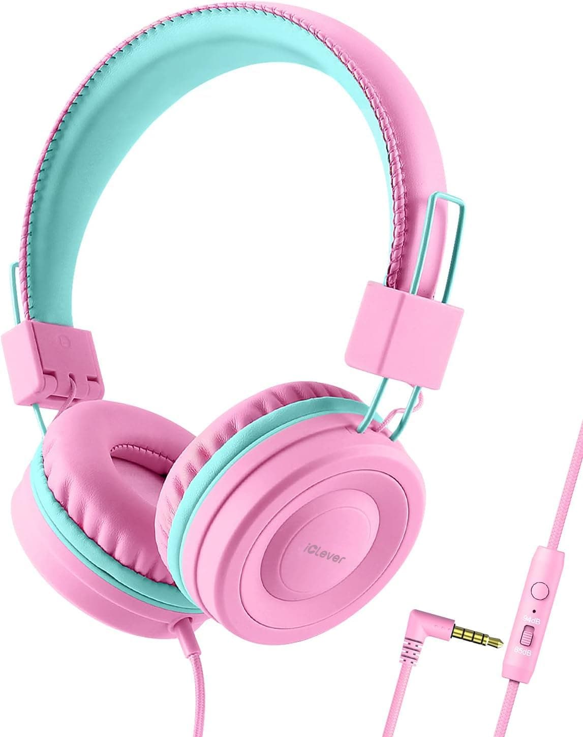iClever Kids Headphones with Microphone for School - 85dB/94dB Volume Control, Wired Headphones for Kids Girls Boys, Adjustable Foldable On-Ear Headphones for Online Learning/iPad/Tablet/Travel, Pink