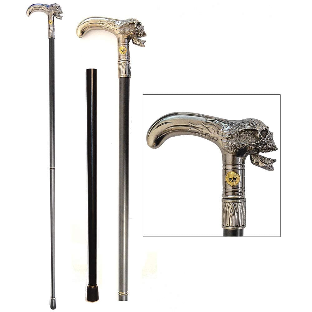 Stately Walking Stick Pewter-Look Metal Flaming Skull Head 2-Piece Cane