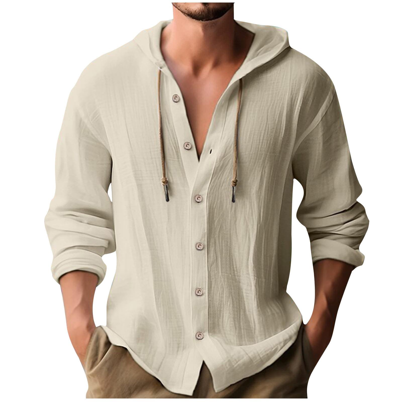 Linen Hoodies for Men UK Sale, Casual Drawstring Hoody Sweatshirts Long Sleeve Button Down Shirts Plain Hooded Pullover Athletic Hoodies Cotton Linen Shirt Gym Sports Shirts Comfy Running Tops