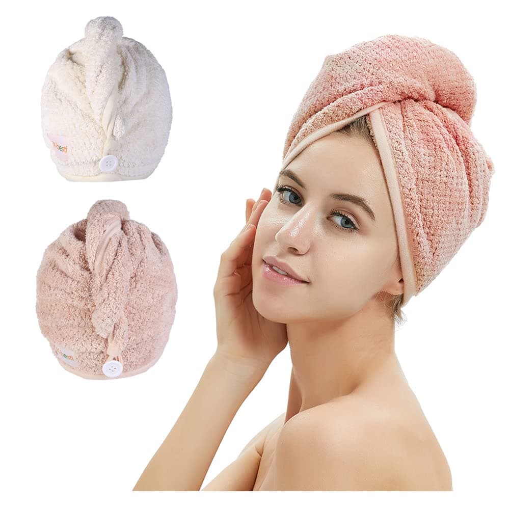 2 Pack Microfiber Hair Towel Wrap,Hair Drying Towel with Button, Hair Towel Turban,Quick Dry,Anti-frizz,Absorbent Head Towel (Pink&Beige)