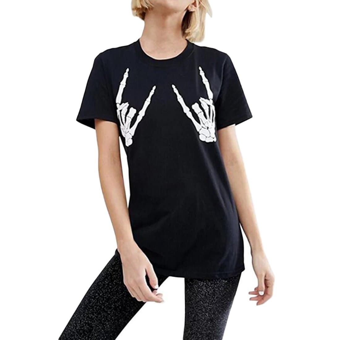Weigou Women T Shirt Skull Finger Printed T-Shirt Halloween Skeleton Graphic Top Tee Junior Shirt T (XL, Black)