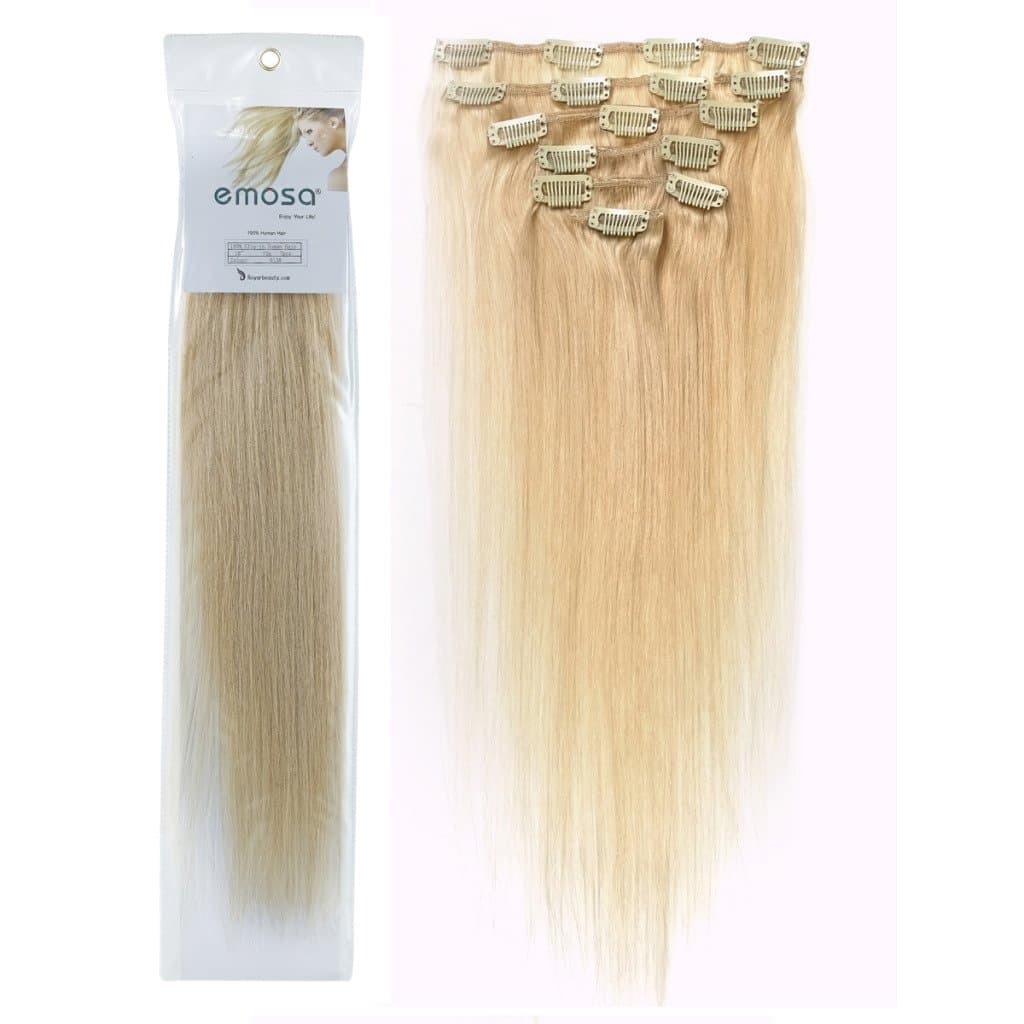 Emosa Luxury Clip in Human Hair Extensions Platinum Blonde 15inch-22inch (20inch,7pcs set)