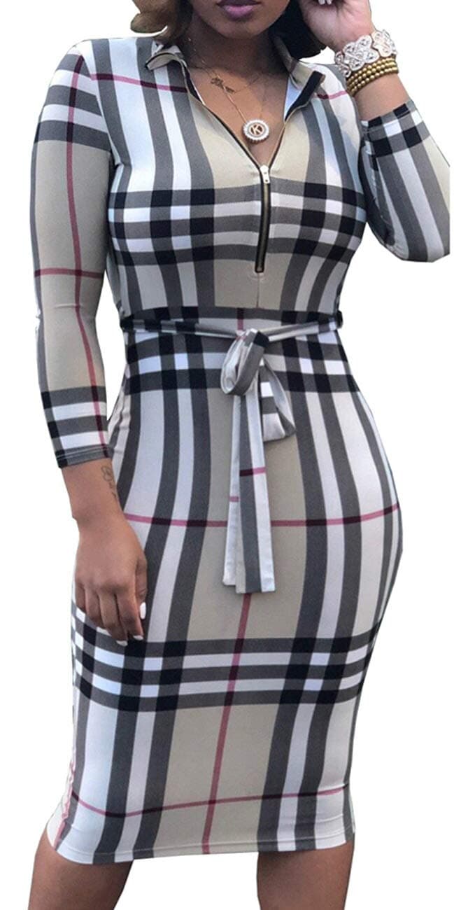 SxClubWomen Sexy V Neck Dresses Elegant Bodycon Long Sleeve Stretchy Pencil Business Suiting Dress Zipper