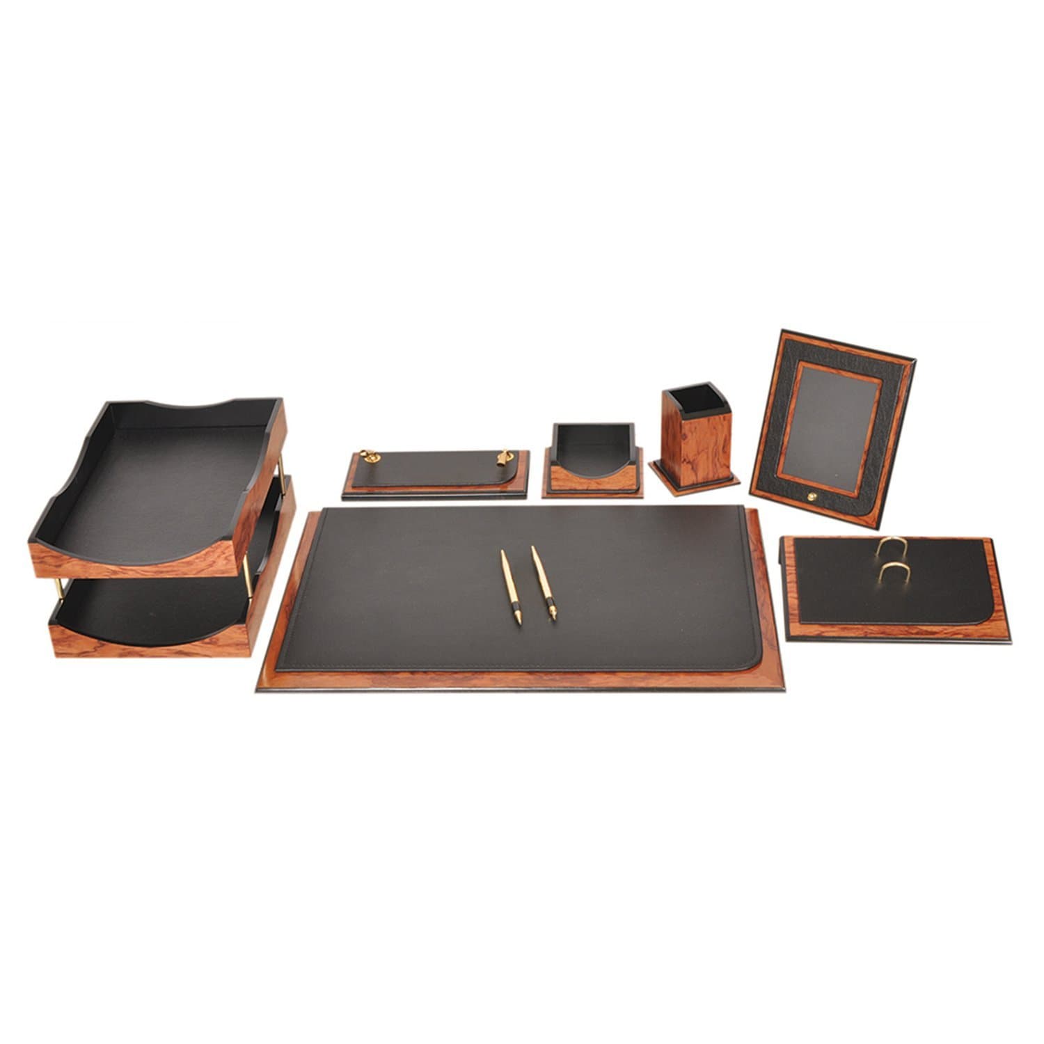 Zetsu 10?Piece Luxury Leather Desk Pad with Double Document Holder Office Organizer Desk Set Wood Leather in 3?Colours - black