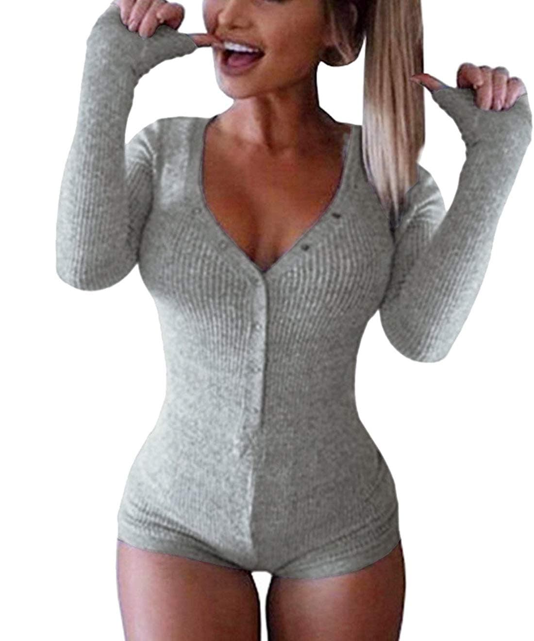 - Women's Sexy Deep V Neck Shorts Long Sleeve Knitted One Piece Bodysuit Sexy Pajama Onesie Bodycon Rompers Overall