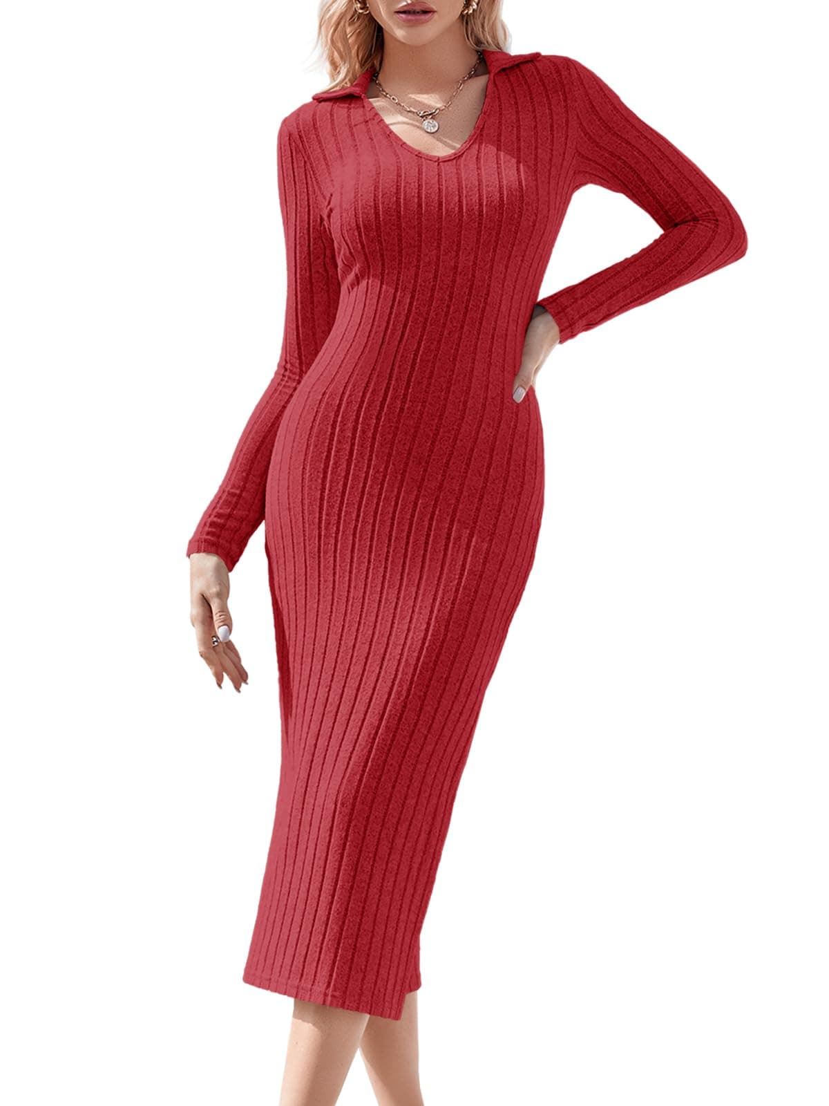 Wenrine Women's Long Sleeve Knit Dress V Neck Ribbed Lounge Bodycon Midi Dresses