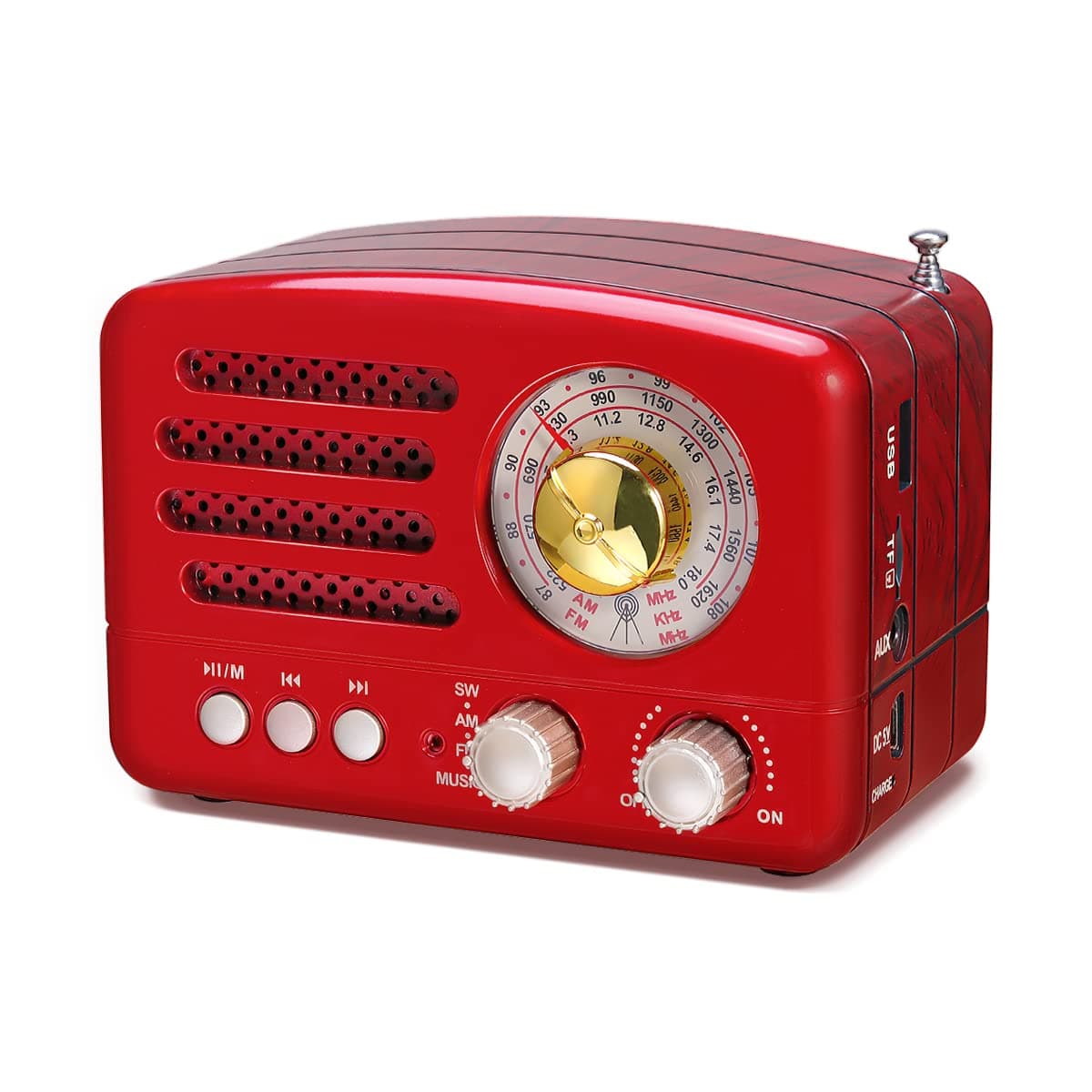 PRUNUS J-160 Retro Vintage AM FM Radio with Bluetooth, USB/TF Card Playback, Small Transistor Radios Battery Operated, Rechargeable Radio(Red)