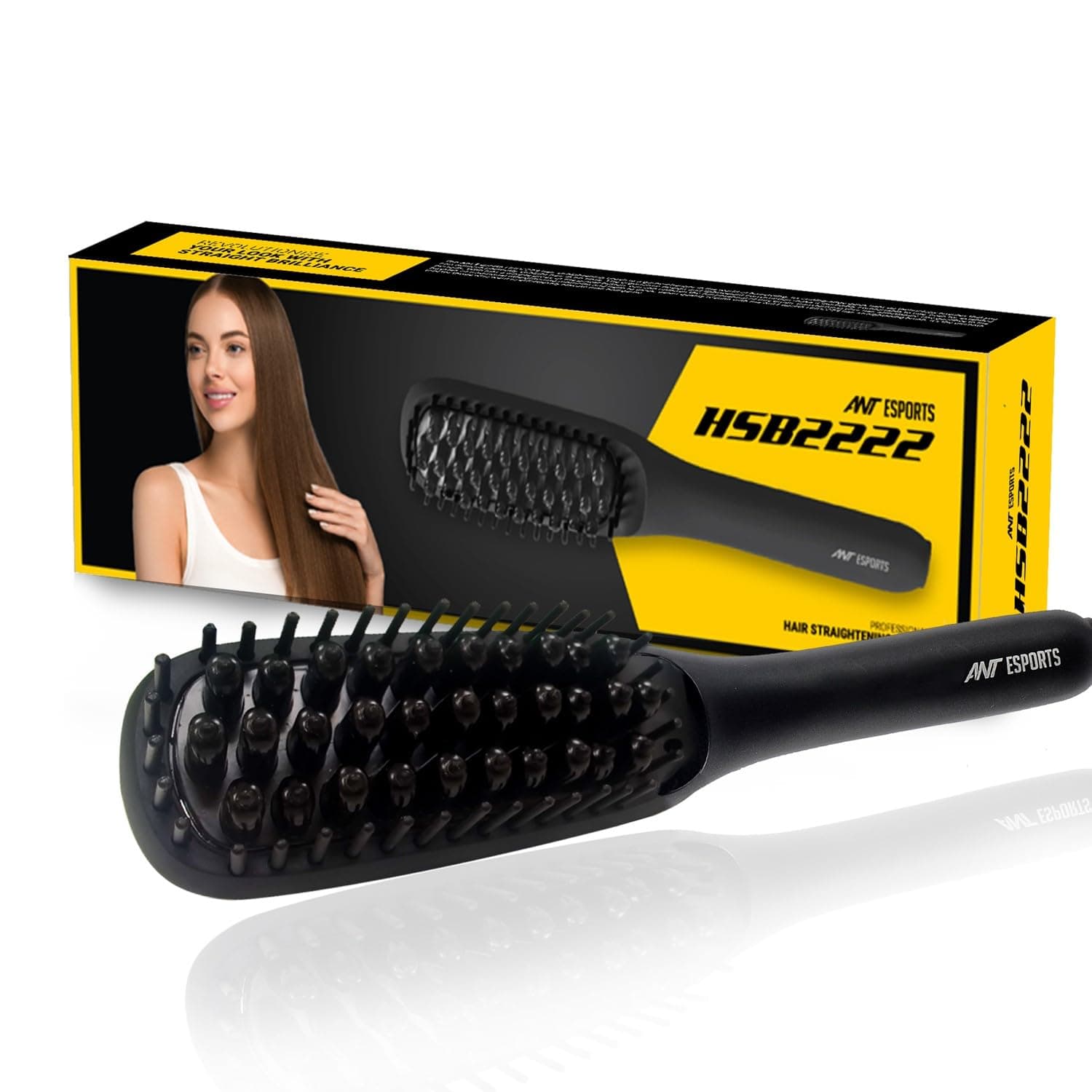 Ant Esports HSB2222 Hair Straightener Brush, Fast Heating Straightening Comb with Anti Scald & On-Off Safe, Portable Travel Flat Iron Brush, Frizz-Free Hair Care Silky Straight Heated - Black