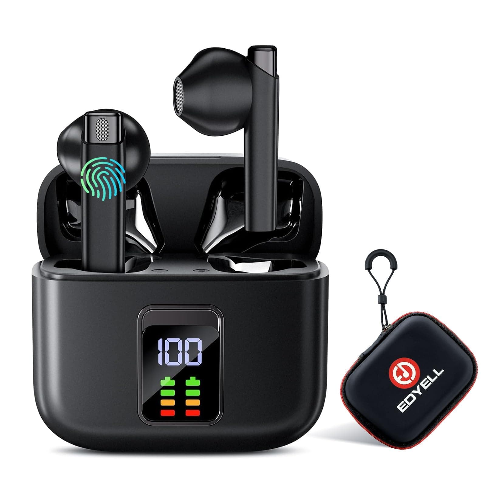 EDYELL Wireless Earbuds, Bluetooth 5.3 Headphones Bass Stereo, Half In Ear Buds with Noise Cancelling Mic LED Display, IP7 Waterproof Earphones, 48H Playtime for Laptop Pad Phones Sports Workout, V1