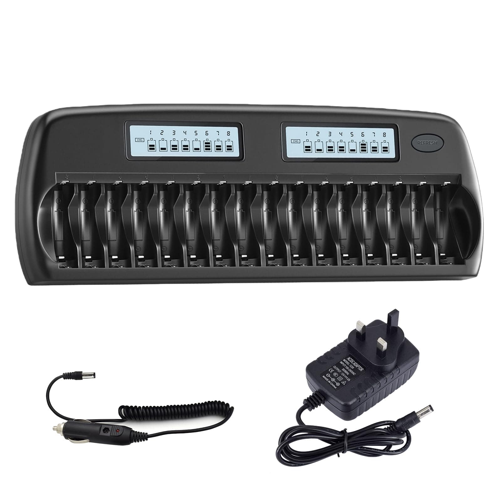 NC31 CITYORK 16 Bays/Slots Smart Battery Charger,AA,AAA,Ni-MH,Ni-CD Rechargeable Batteries Charger with Intelligent LCD Display & Discharging and Built-in IC Protection,Black