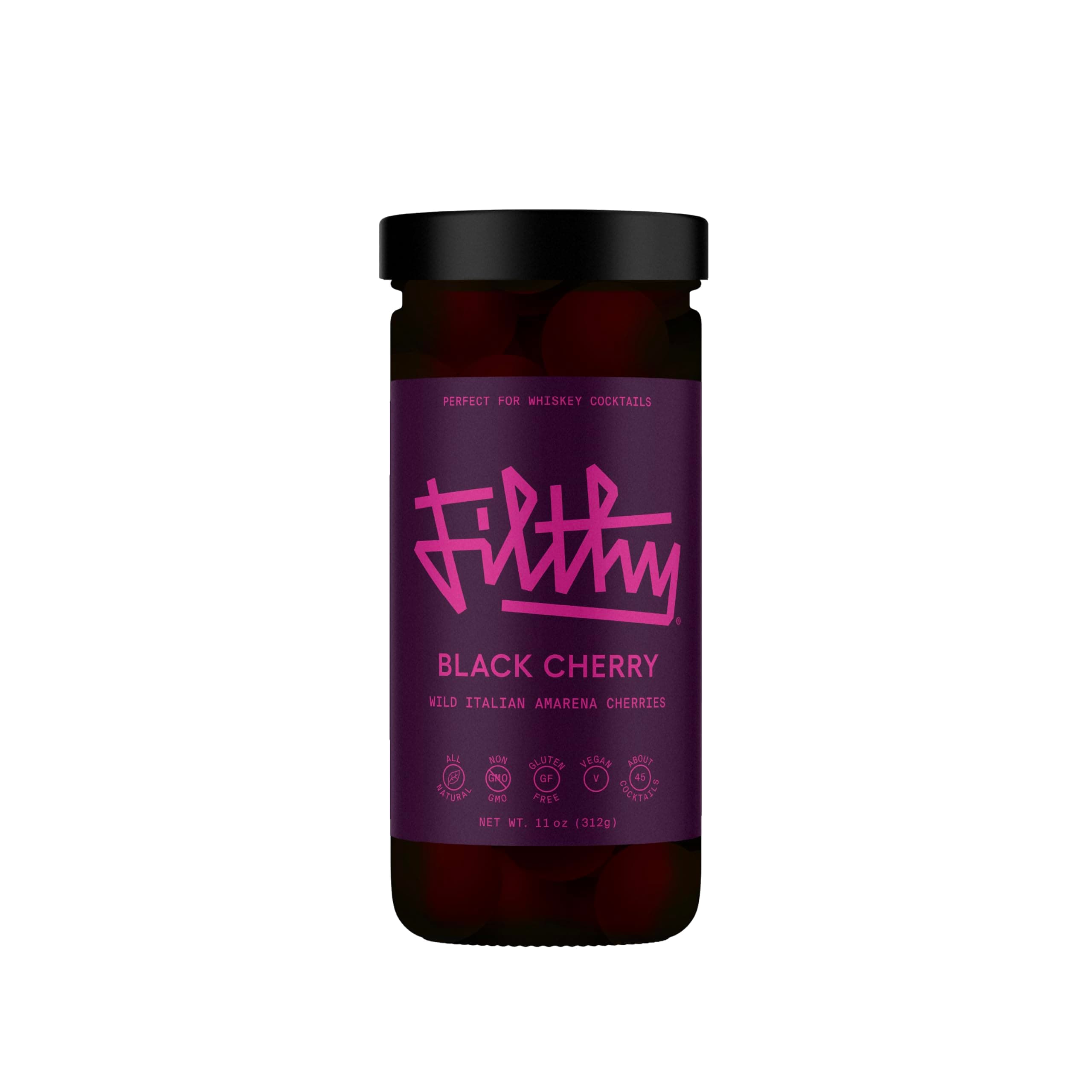 Filthy Food Black Amarena Cocktail Cherries, 11 Oz Jar, 45 Cherries