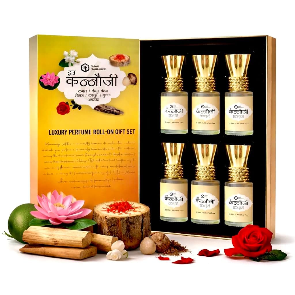 Parag Fragrances Kannauji Gift Set 6pc of 6ml Each/Gulab, Kesar-Chandan, Mogra, Agar oud, Kamal & Kasturi / 100% Alcohol Free & Natural Fragrance/Long Lasting for Pooja & Personal Use