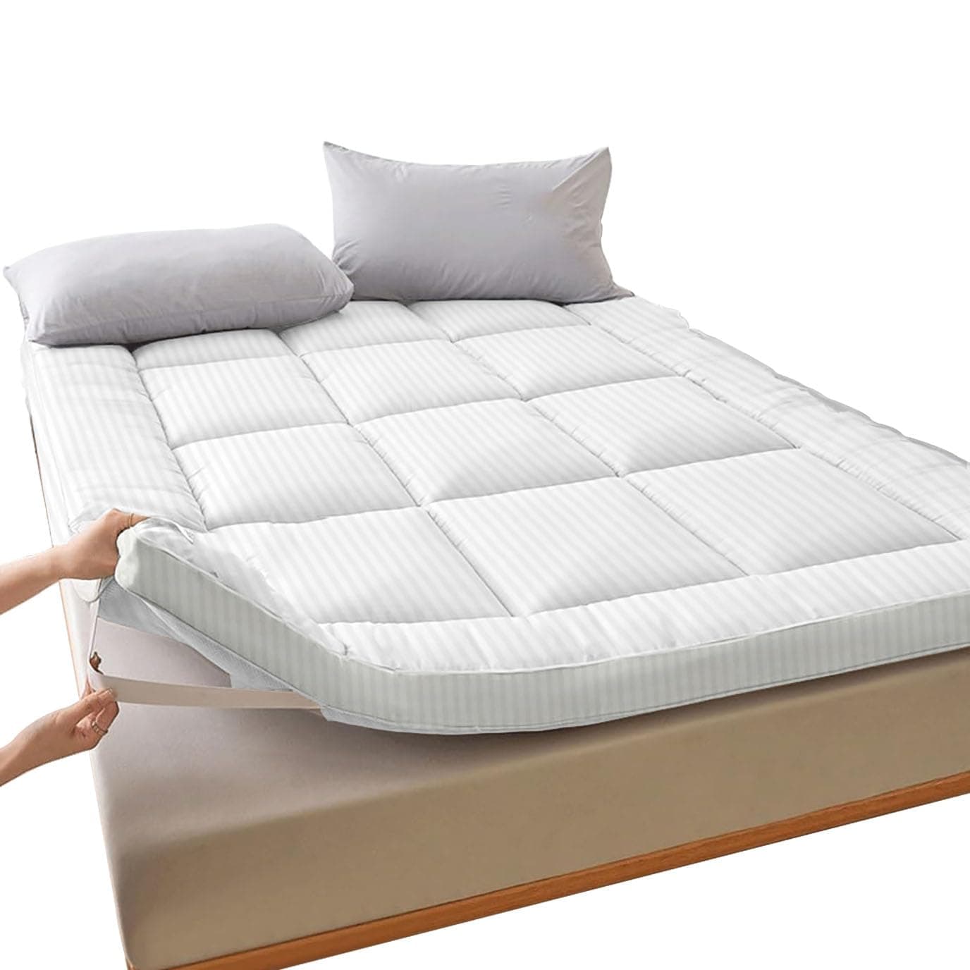 Queen Mattress Topper - 85GSM Microfiber, 1 cm Stripe Super Soft Fabric, 500GSM Soft, Firm, and Extra Thick Fibersheet with 4 Sides Elastic Bands, Size: 160 x 200 cm, White