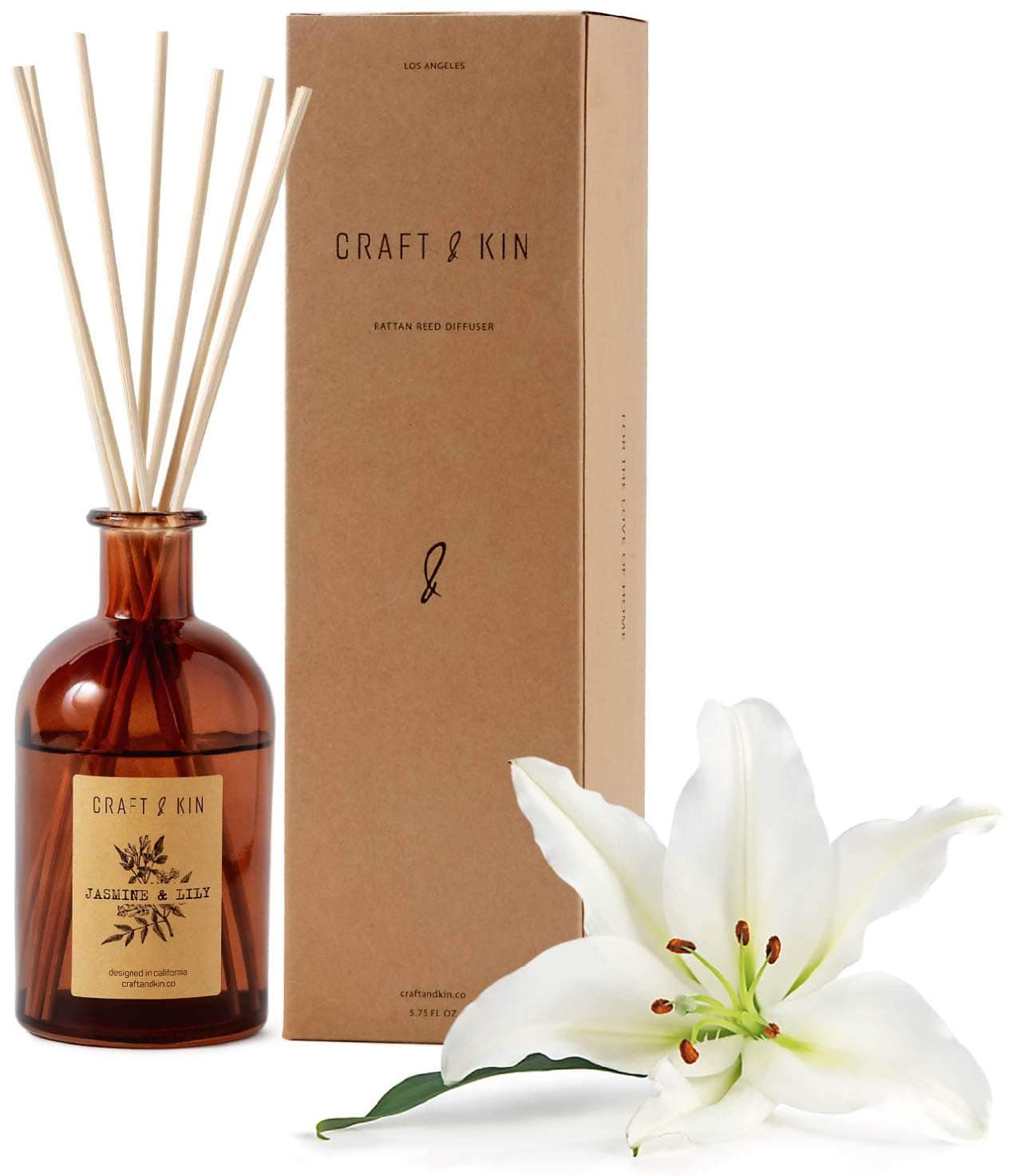 Craft & Kin Reed Diffuser Sticks - Jasmine Lilly Diffuser Reeds Scented Sticks Gift Set Apartment Essentials Soothing Relaxing Aromatic Diffusers for Essential Oils for Bedroom Living Room Office