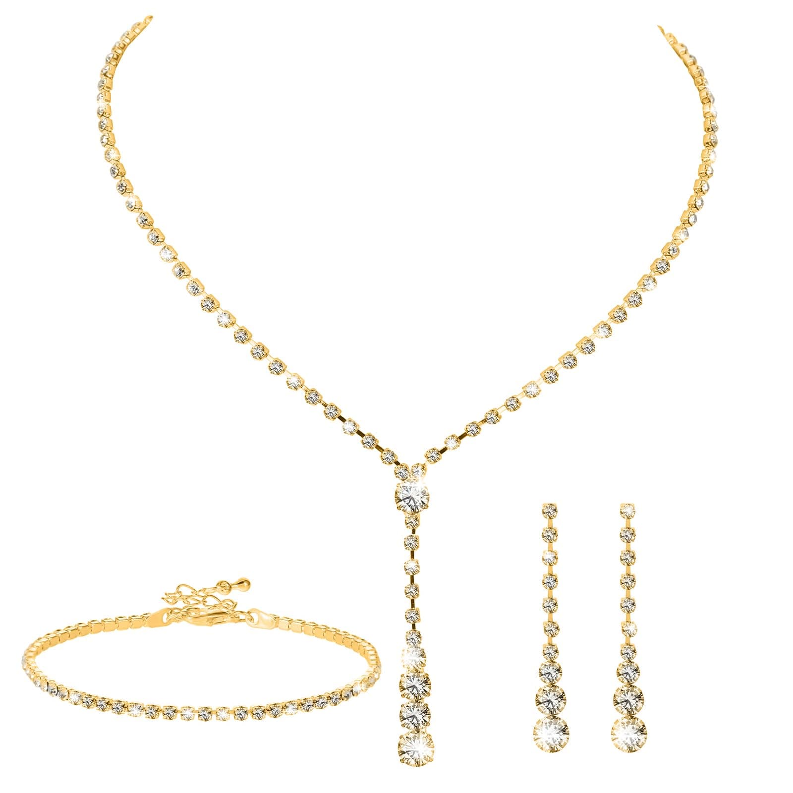 Bridal Jewellery Sets For Women Gold, 4 Pcs Gold Rhinestone Jewellery Set, Crystal Necklace Drop Earrings Link Bangle Bracelet Bridal Wedding Jewelry Sets for Bridesmaids Women Girls