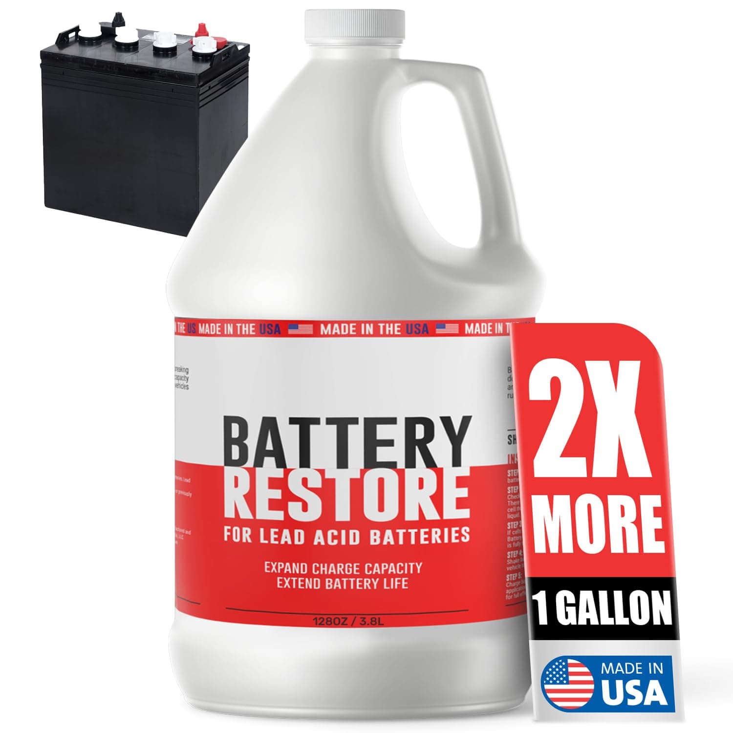 Battery Restore Desulfator Solution - 1 Gallon Refill - Treats 3 to 6 Lead Acid Batteries for Golf Carts, Motorcycles, Boats, ATVs, RVs & Forklifts - Extends Battery Life - Made in the USA - Non-Toxic