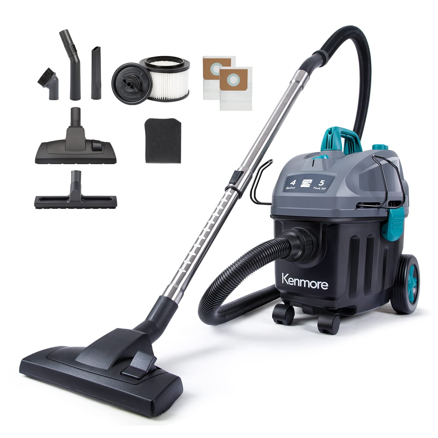 Kenmore KW3050, Wet Dry Canister Vac 4 Gallon 5 Peak HP 2-Stage Motor Vacuum Cleaner with Washable HEPA Filter & Dust Bags for Hard Floor & Carpet, Black, 4 Gallons