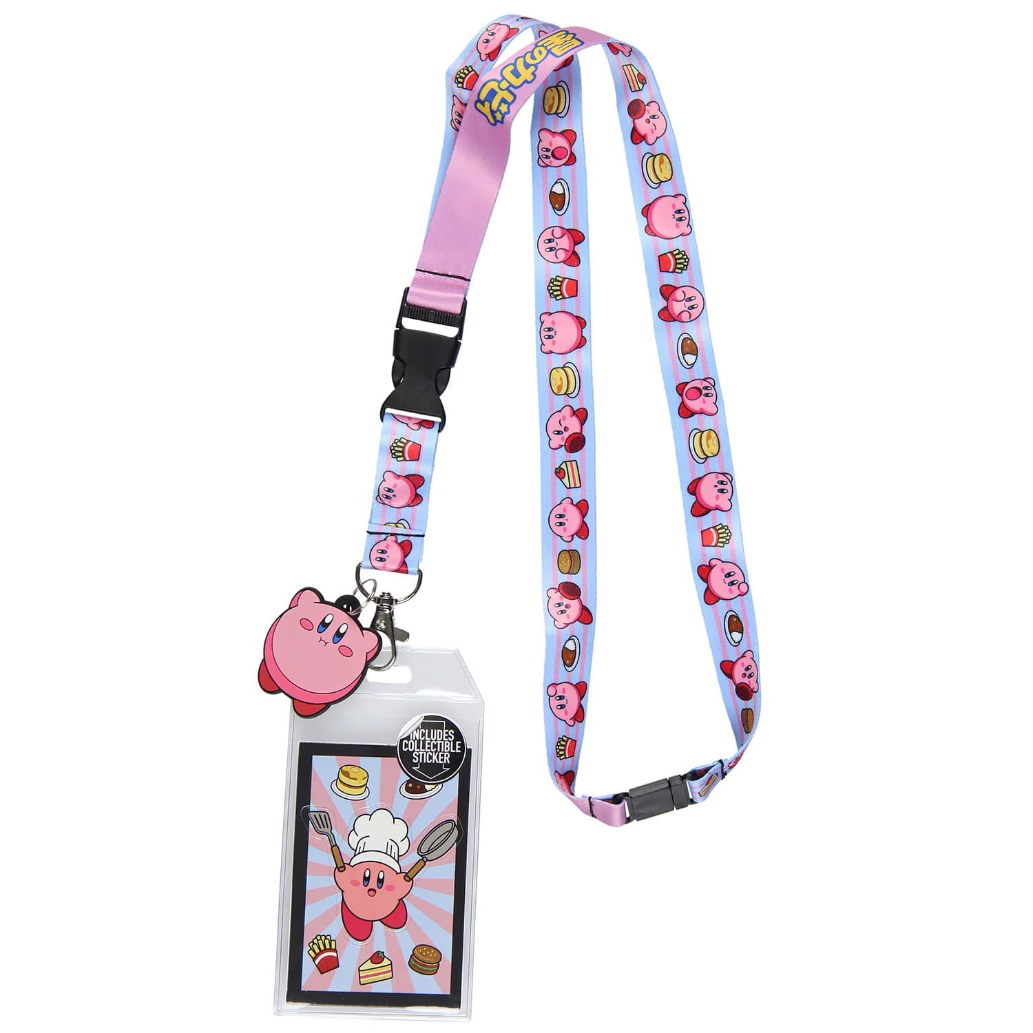 Kirby Pink Hero Reversible ID Lanyard Badge Holder with Rubber Kirby Charm and Collectible Sticker