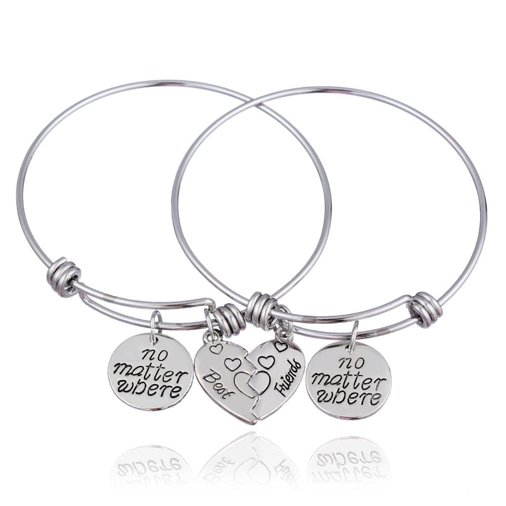 lauhonmin 2pcs BBF Best Friends No Matter Where Compass Split Broken Heart Double Bracelets Set Friendship Gift
