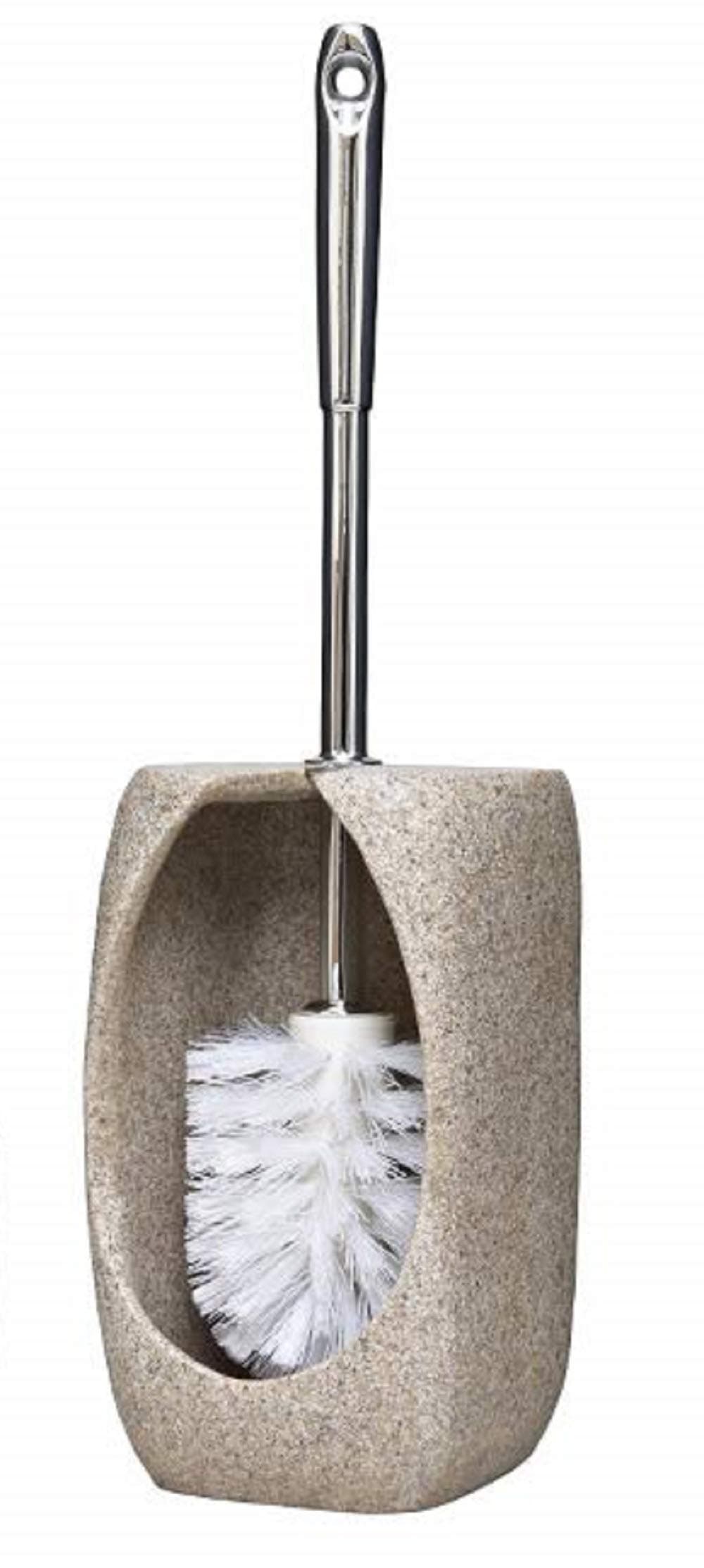 AQUALONA Toilet Brush and Holder – Strong Resin, Easy Clean, Anti-Mould – Open Back Design Reduces Odour, Sandstone Collection, 25x15x10cm
