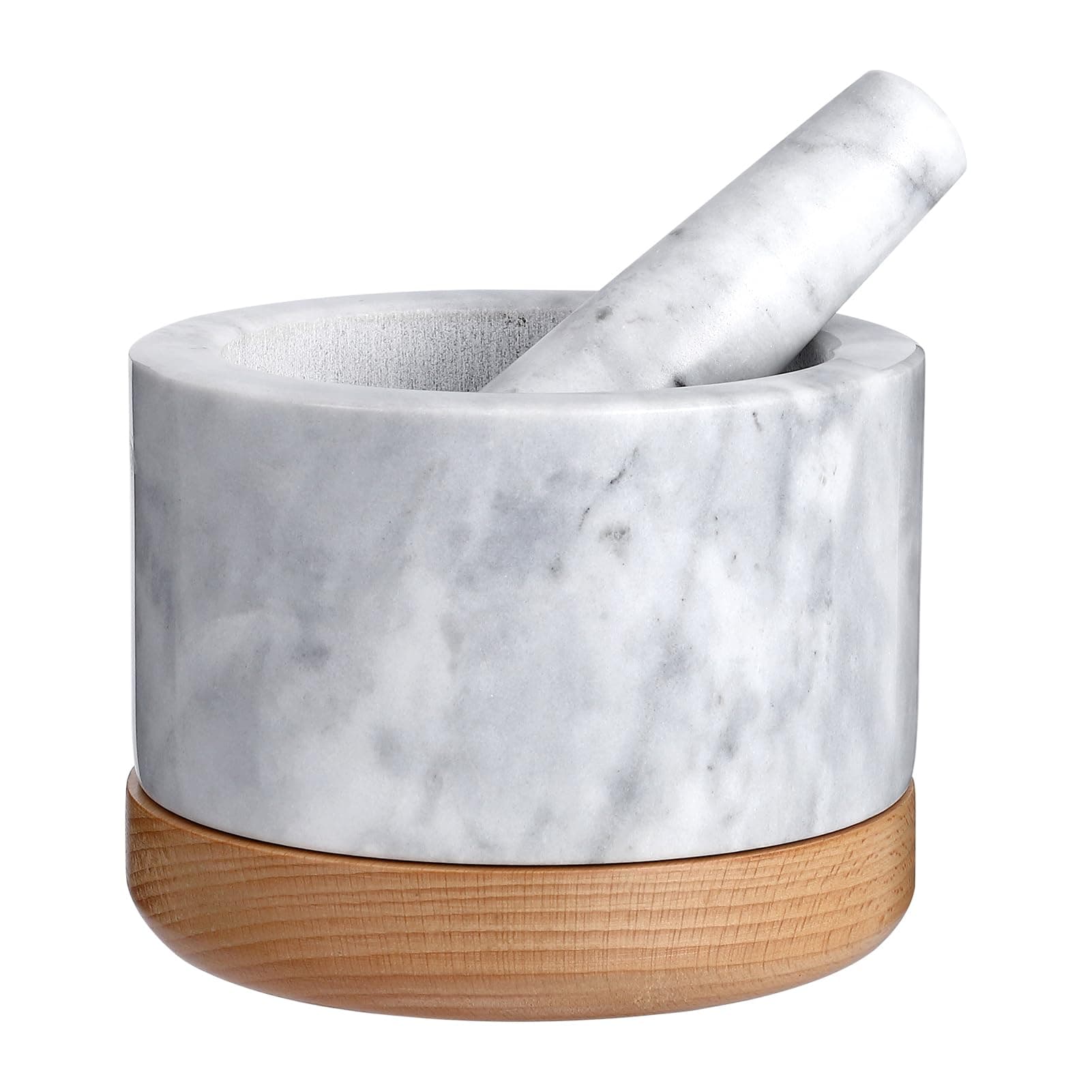 Polished Granite Mortar and Pestle Set, Stone Grinder Bowl for Grinding Herbs Spices, Making Guacamo, Salsa, Pepper and Nuts Crusher (Marble, with Wood Base)