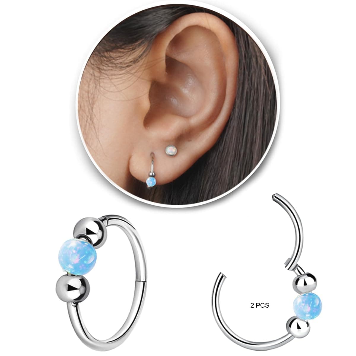 2 Pcs Small Cartilage Hoop Earrings for Women Men, 18G Opal Silver Earrings Hypoallergenic 316L Surgical Steel Hinge Huggie Hoop Earrings for Helix,Tragus,Conch,Rook,Earlobe Piercing Jewelry Nose Ring